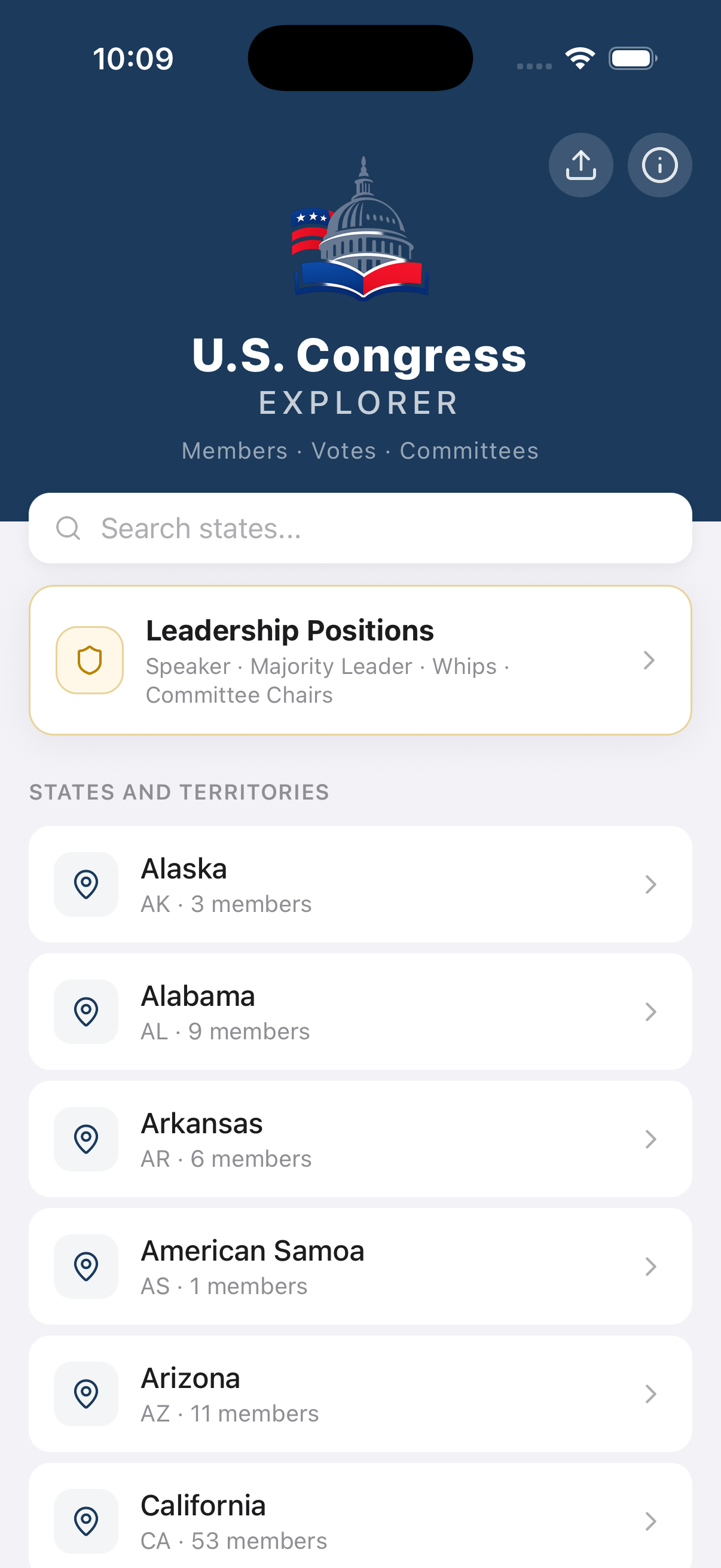 US Congress Explorer home screen with congressional data overview