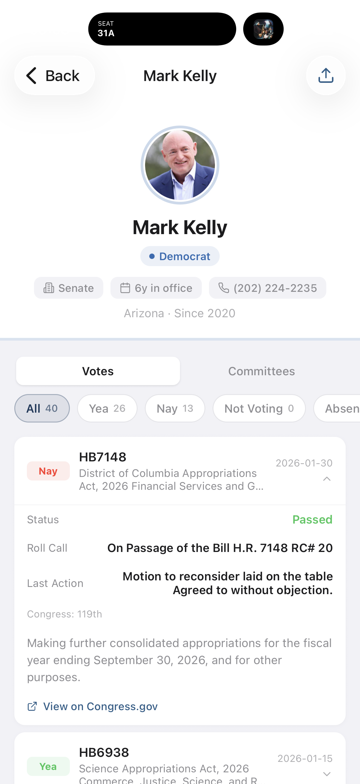 Expanded voting record details for a congressional member