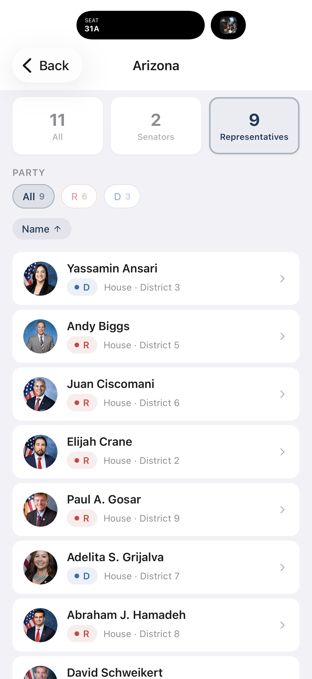 State representatives list screen showing members by state